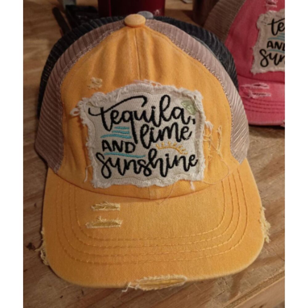 Tequila Lime & Sunshine Patch Pony Cap, Criss Cross Baseball Hat, Yellow